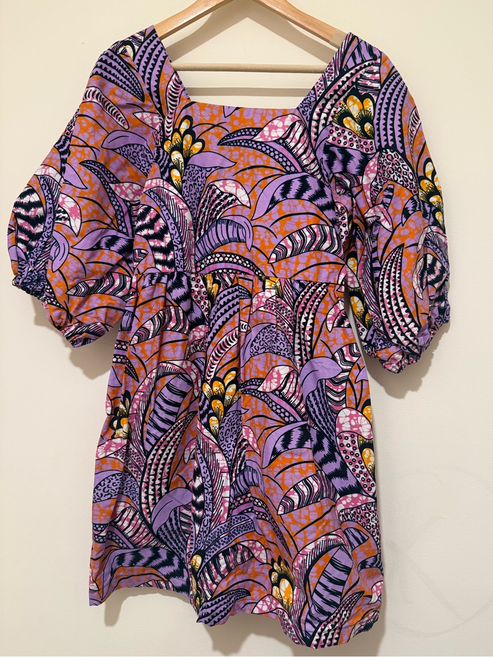 Puff-Sleeve Mini Dress in Purple and Orange Print
